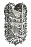 wolves running skeleton forest scene with hidden horses tattoo design idea