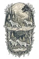 wolves running skeleton forest scene with hidden horses tattoo design idea