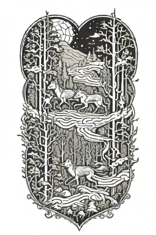 wolves running skeleton forest scene with hidden horses tattoo design idea