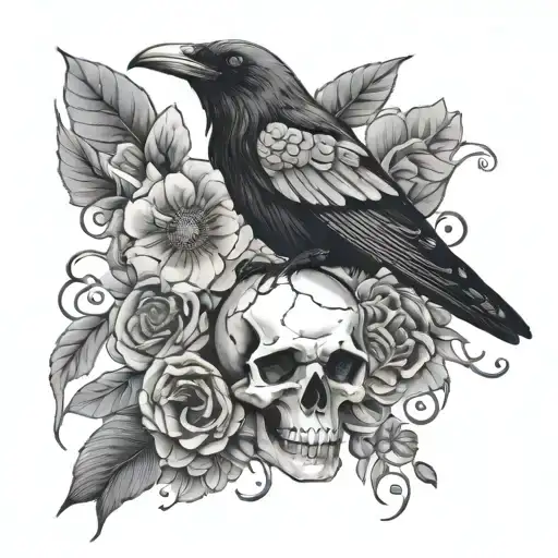 Japanese Floral raven skull surrounded tattoo design idea