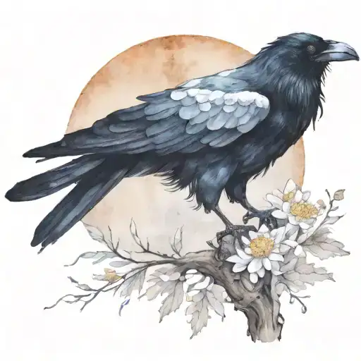 Black raven, white raven, branch, moon, chrysanthemum tattoo design idea