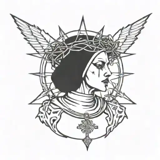evil nun with halo of thorns above her head and neck small tattoo design idea