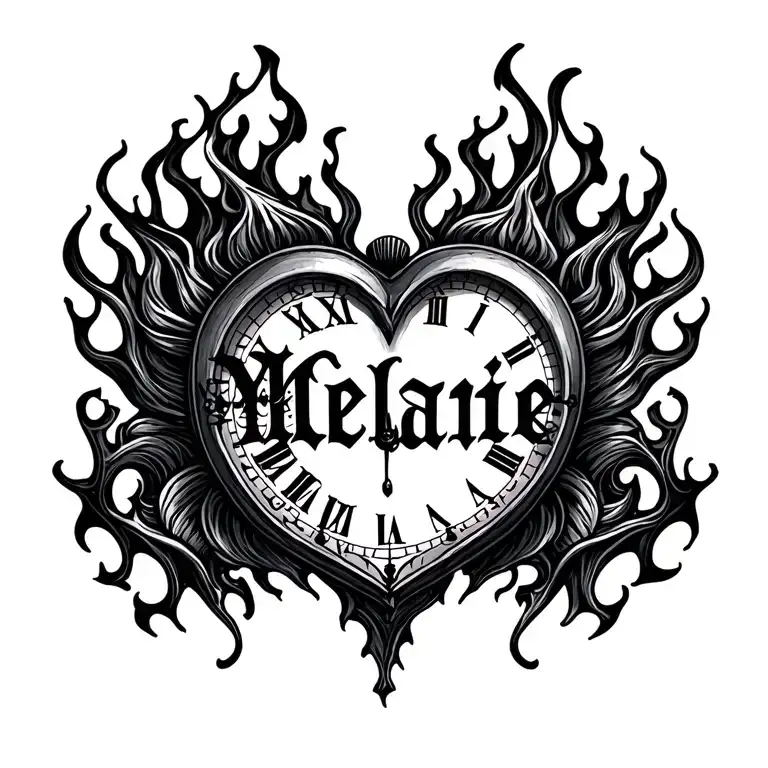 "Mélanie" clock heart in flame tattoo design idea