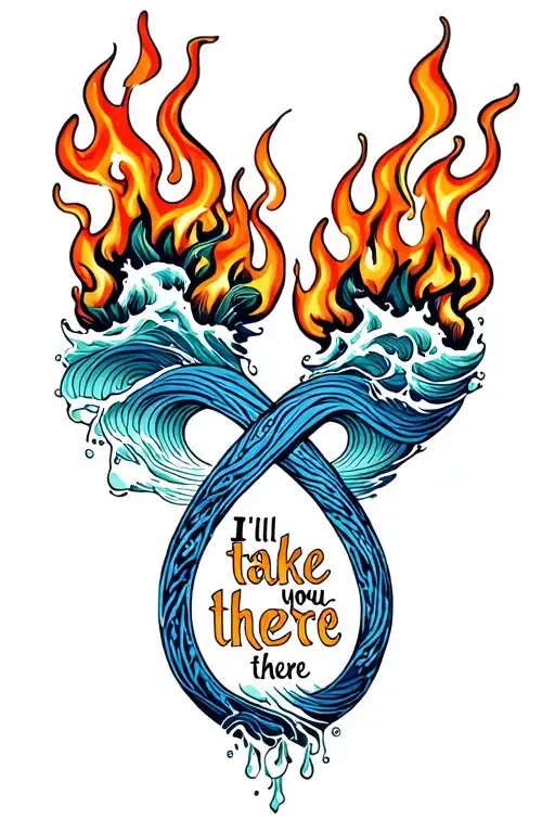"I’ll take you there" infinity symbol incorporating fire, and water waves tattoo design idea
