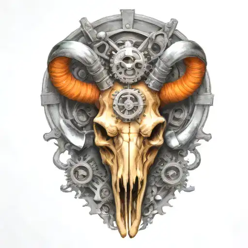 rocky mountain ram skull,  horns become exaust pipes, tattered orange ribbon, gears, airbrushed, chrome tattoo design idea