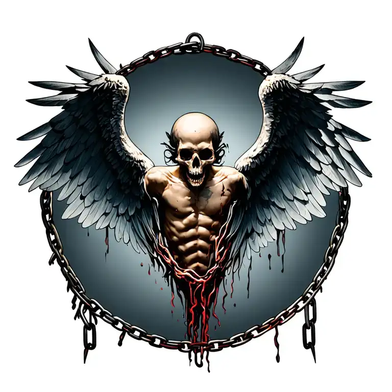realistic and morbid chained wings ripping out of shoulders tattoo design idea