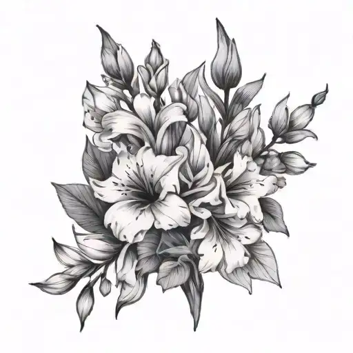 violet, gladiolus, and Sakura in a bouquet with stems fine line wrapped tattoo design idea