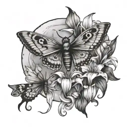 Moon phases and death moth with Lillies Intertwined With tattoo design idea