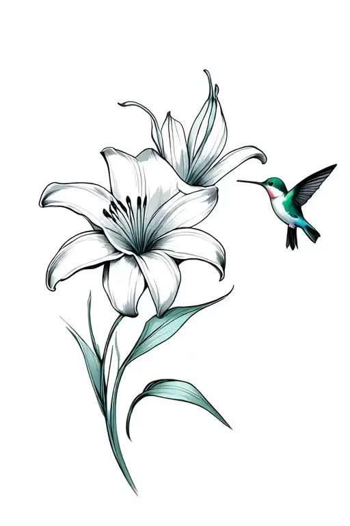 lily and hummingbird fine line tattoo design idea