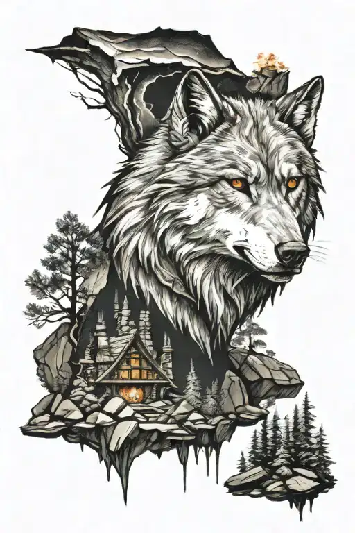 witcher style wolf face forest with fireplace and rocks background new moon tattoo design idea