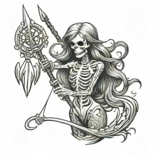 skeleton mermaid holding a trident and chain tattoo design idea