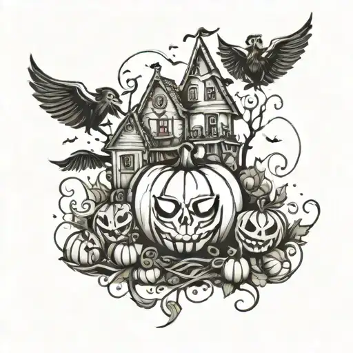 A Whimsical Tim Burton-Inspired Pumpkin Patch With Harry Potter Elements Intertwined Tattoo Idea tattoo design idea