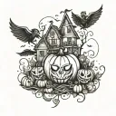 A Whimsical Tim Burton-Inspired Pumpkin Patch With Harry Potter Elements Intertwined Tattoo Idea tattoo design idea