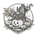 A Whimsical Tim Burton-Inspired Pumpkin Patch With Harry Potter Elements Intertwined Tattoo Idea tattoo design idea