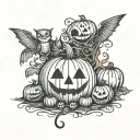 A Whimsical Tim Burton-Inspired Pumpkin Patch With Harry Potter Elements Intertwined Tattoo Idea tattoo design idea