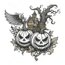 A Whimsical Tim Burton-Inspired Pumpkin Patch With Harry Potter Elements Intertwined Tattoo Idea tattoo design idea