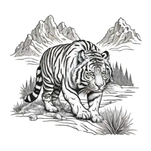 A hiking trail leading to a tiger in the Teton national park tattoo design idea