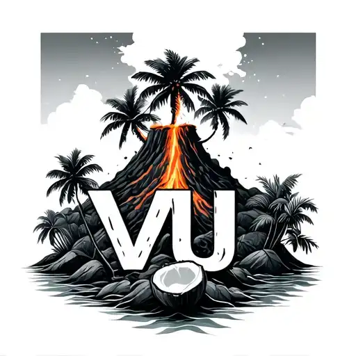 volcano explosion with coconut trees and VU letter tattoo design idea