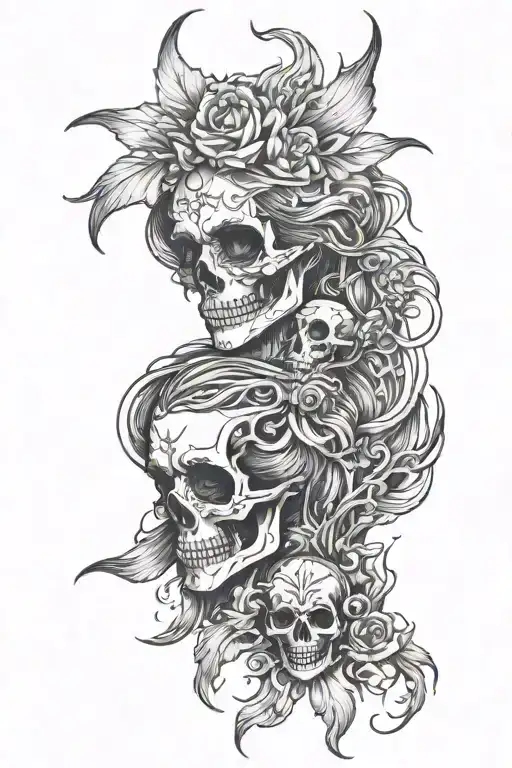 skull, fire, ocean scene,, girls face, tattoo design idea
