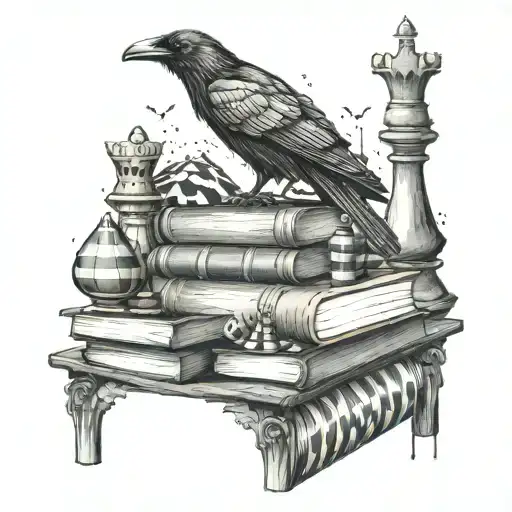 A serene rainy day scene with a raven perched on a stack of books, surrounded by chess pieces, creating a peaceful and introspective atmosphere tattoo design idea