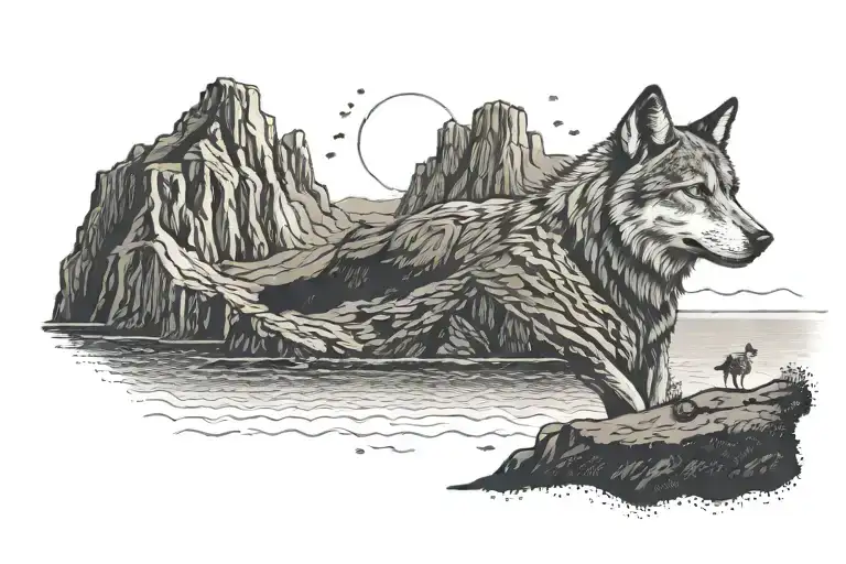 A Cliffs of Moher landscape with a wolf overlooking the sea tattoo design idea