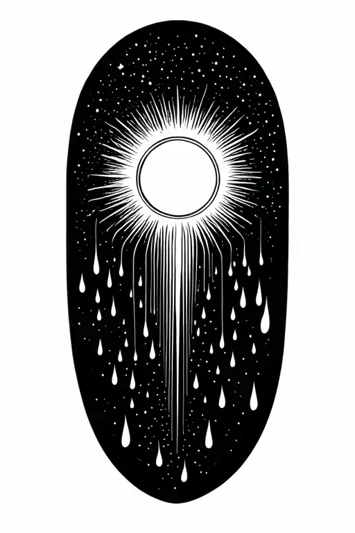A sun flowing into a universe that turns into a waterfall with rain drops at the bottom tattoo design idea