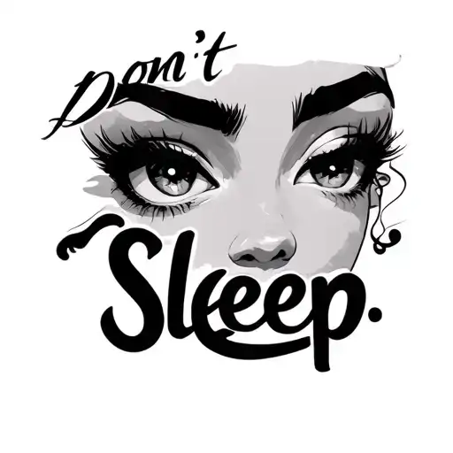 wide yet slanted female eyes one winking with the phrase "Don't Sleep" curved upward like a smile tattoo design idea