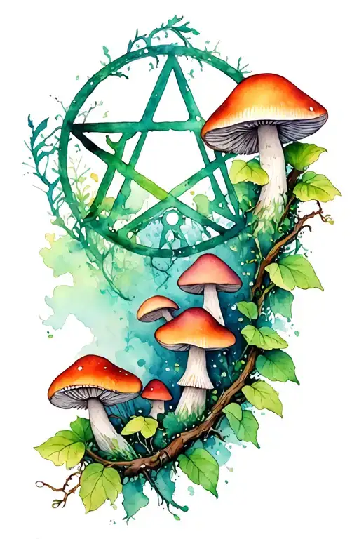 pentagram raped in vines and mushrooms  though out it tattoo design idea
