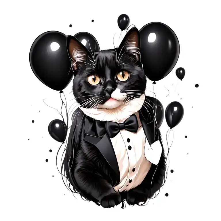 tuxedo cat floating with black balloons floating tattoo design idea