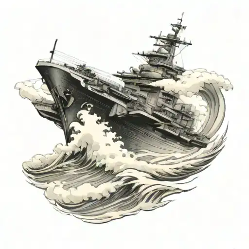 navy aircraft carrier battling powerful waves tattoo design idea