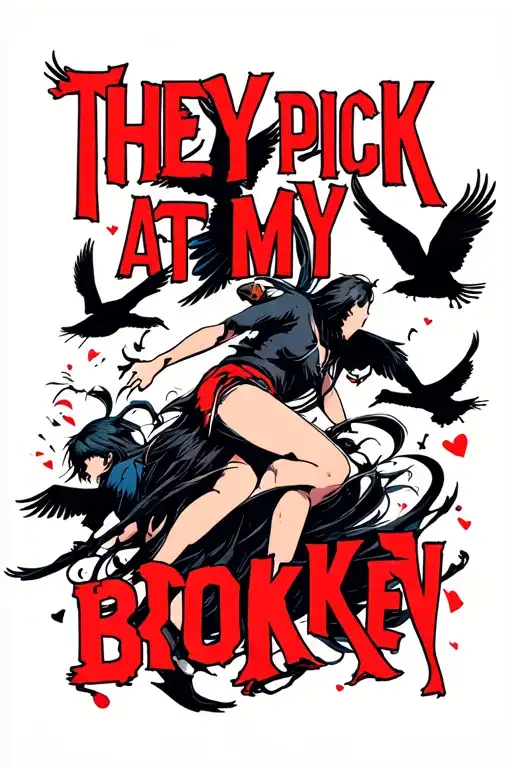 The text" They pick at my broken body" in a bold font and an image of birds attacking a girl tattoo design idea