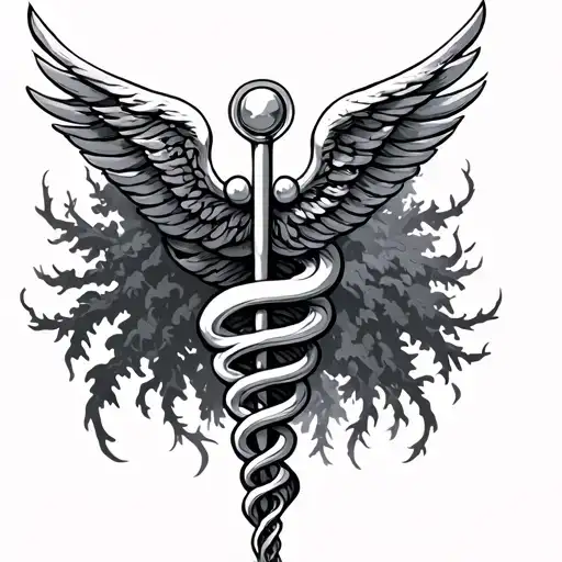 trees caduceus intertwined tattoo design idea