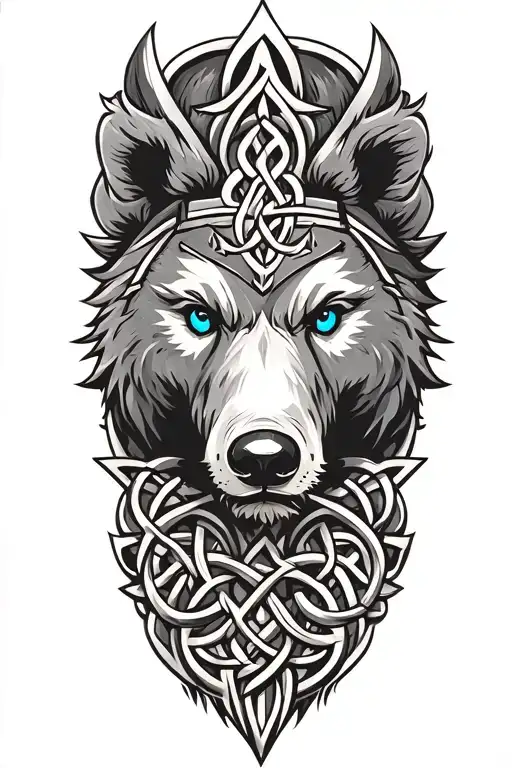 Bear with blue eyes on armor tattoo design featuring Celtic trinity knot  tattoo design idea
