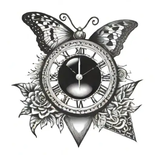 sun moon triangle eye butterfly clock tattoo design idea