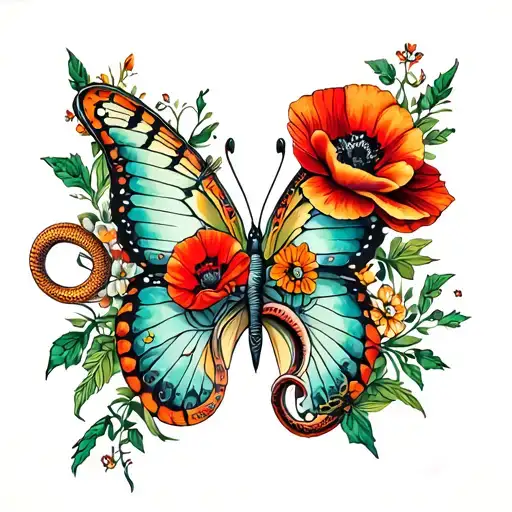 snakes and poppy flowers forming a butterfly tattoo design idea