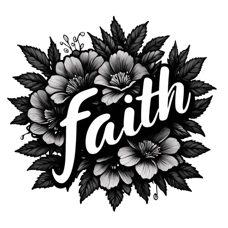 "Faith in cursive" flower blooming larkspur flower intertwined tattoo design idea
