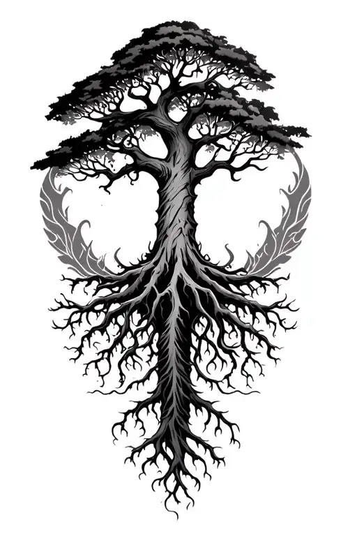 a tree with deep roots and patterns around it tattoo design idea