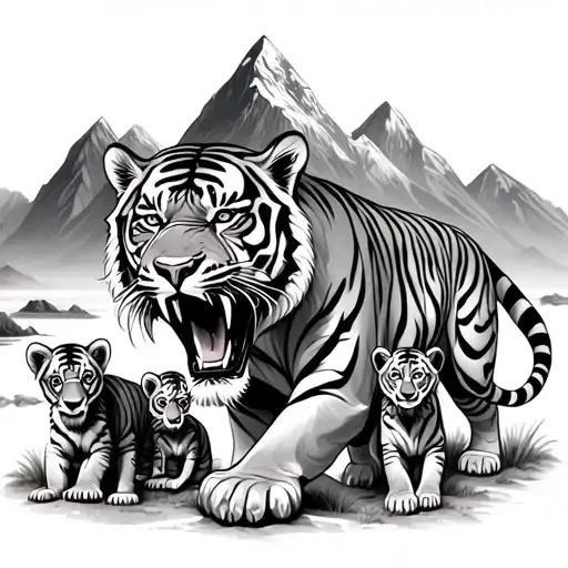 roaring tiger with 3 cubs playing with mountains tattoo design idea