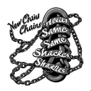 The phrase “New Chains, Same Shackles” runs vertically along your spine with chains running in and out of the words tattoo design idea