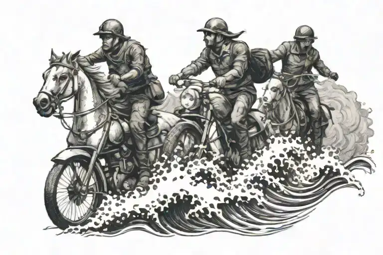 Four riders of apocalypse among waves crashing tattoo design idea