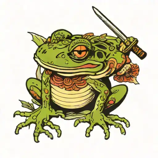 japanese frog with sword with sekura tree in background tattoo design idea