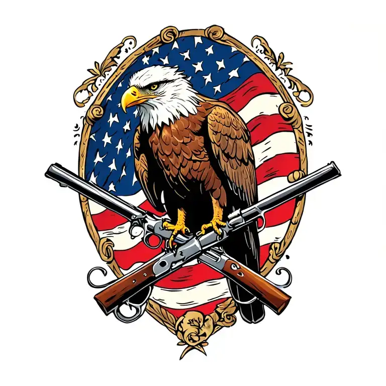 Bald Eagle perched on 2 old muskets crossed like an X with an American flag waving in the background. tattoo design idea