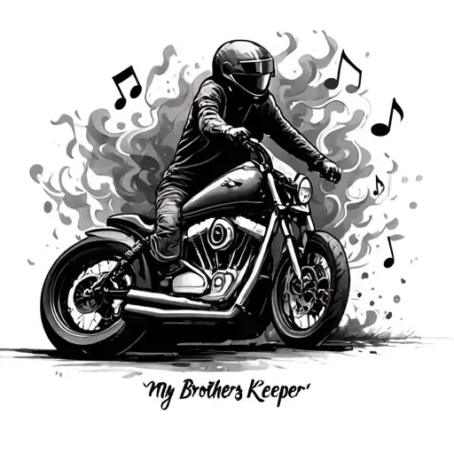 my brothers keeper in writing with a sporty motorcycle in the middle and music notes in the burnout smoke  tattoo design idea