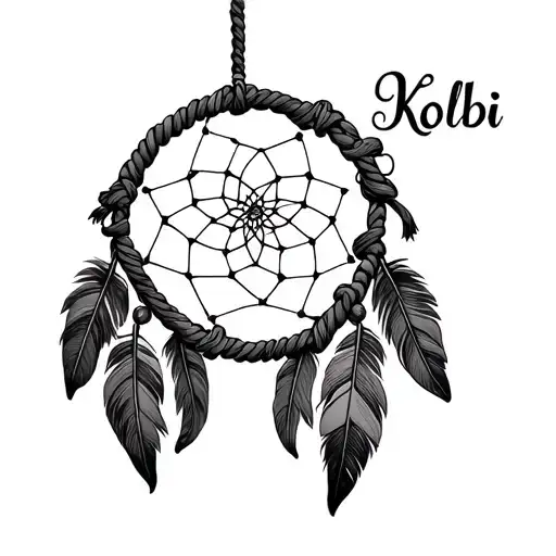 dream catcher with "Kolbi" written inside the circle ropes  tattoo design idea