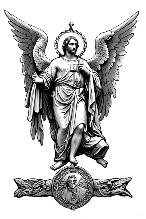 St Benedicts Medal behind Archangel Michael on a knee tattoo design idea
