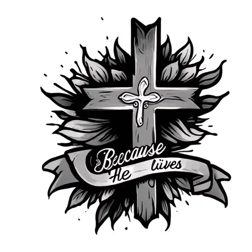 dainty cross tattoo  with "Because He lives" and "John 16:33" tattoo design idea
