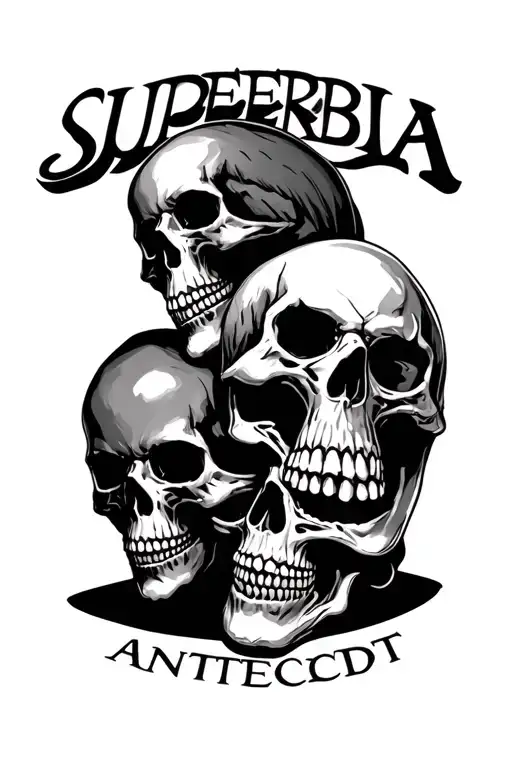 3 skulls one over another, with the words "superbia" on the upper skull, "antecedit" on the middle skull carved in  tattoo design idea