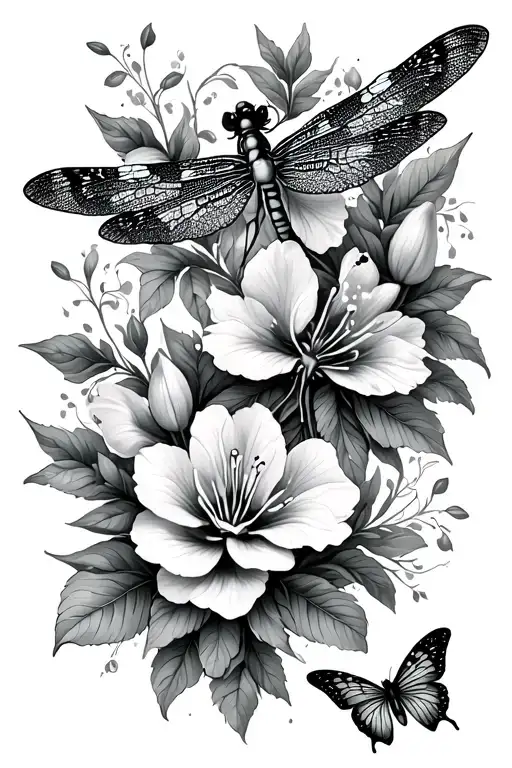 dragonflies and butterflies intertwined  with trailing belladonna and oleander flowers tattoo design idea
