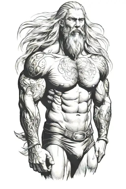 Super muscled man standing in speedo with long  silver hair and beard tattoo design idea