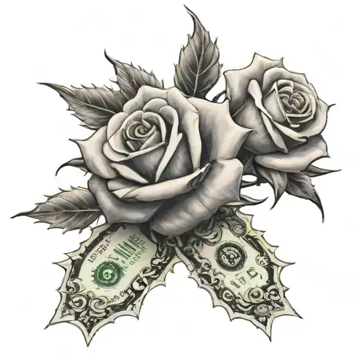 money in the form of roses with thorns tattoo design idea